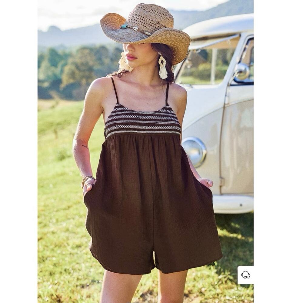 Cupshe Brown Gauze Square Neck Flared Leg Short Romper S NWT Boho Vacation